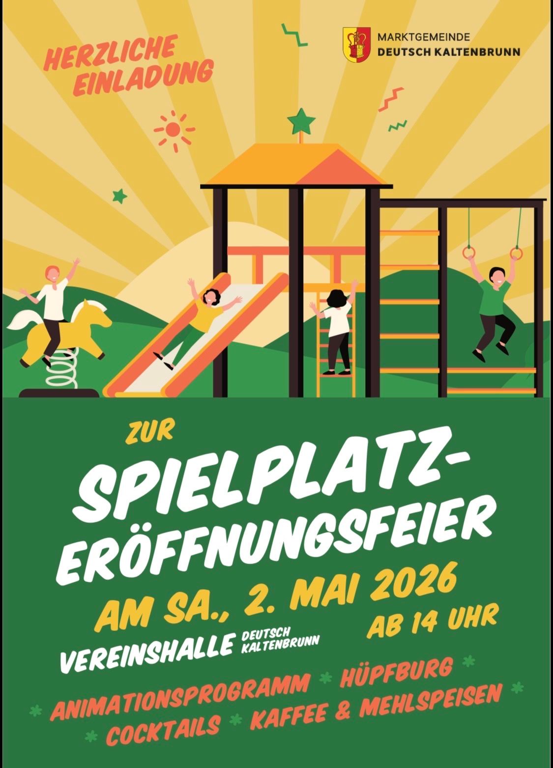 A poster for a playground opening event on May 2, 2026. Children play on various playground equipment. The text in German reads 'Zur Spielplatz-Eröffnungsfeier' and 'Am Sa., 2. Mai 2026 ab 14 Uhr.'