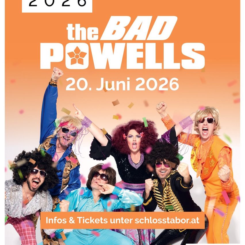 Poster for the BAD POWELLS concert on June 20, 2026. The group is dressed in 1970s-style outfits with big hair and sunglasses. The poster is orange with confetti.
