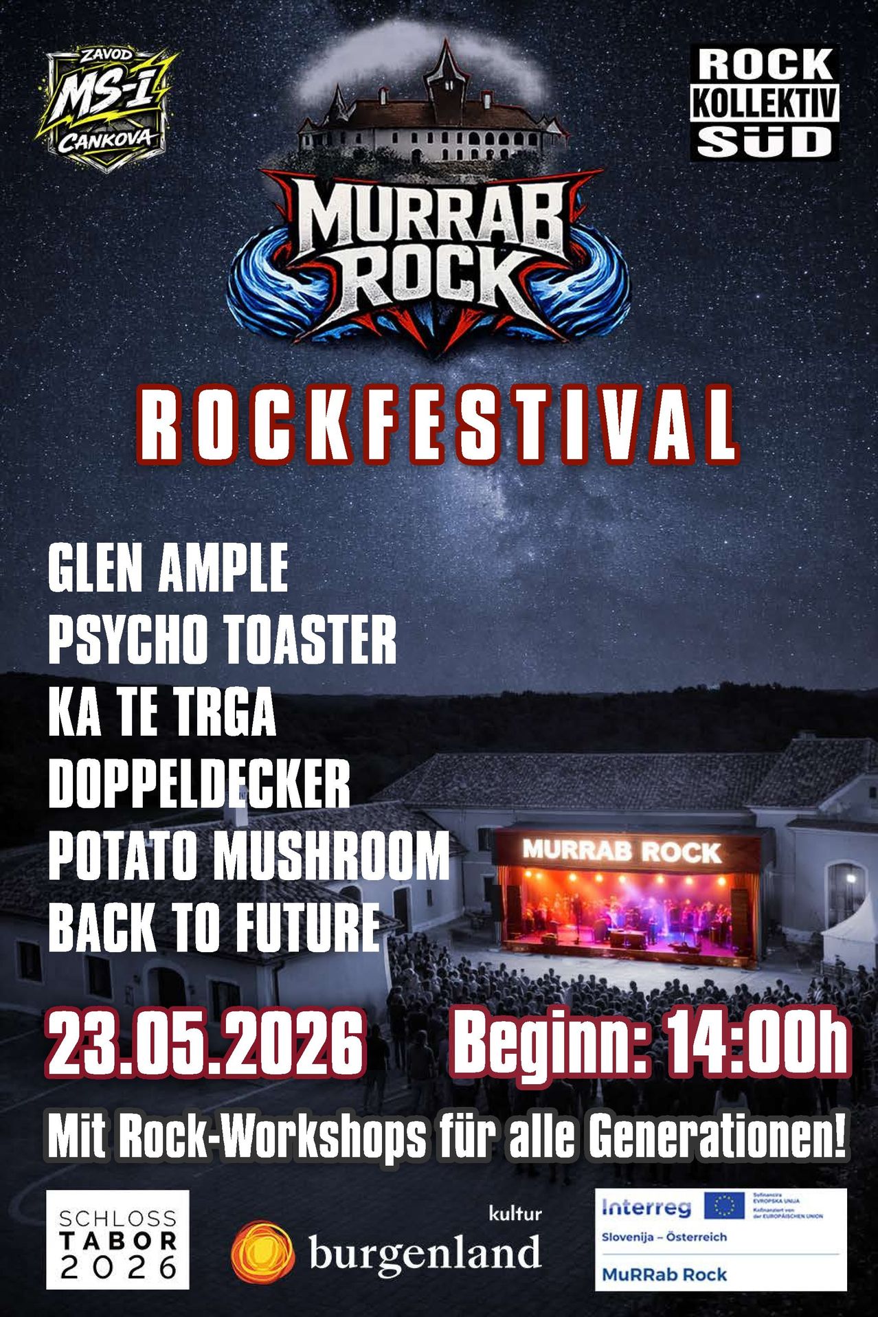 Murrad Rock Rock Festival features bands like Glen Ample, Psycho Toaster, and Potato Mushroom. The event starts at 14:00 on May 23, 2026.