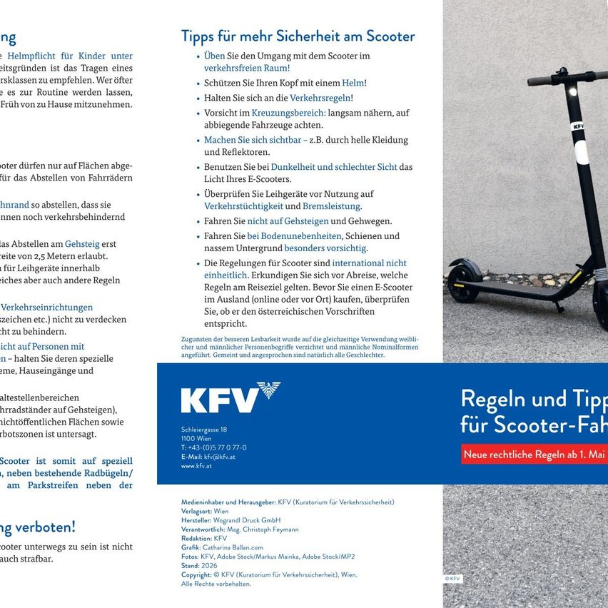 The flyer provides safety tips for scooter riding, emphasizing wearing a helmet, observing traffic rules, and checking equipment. It advises against riding on sidewalks and encourages awareness of surroundings. It mentions the need for an e-scooter light and advises against riding in darkness.