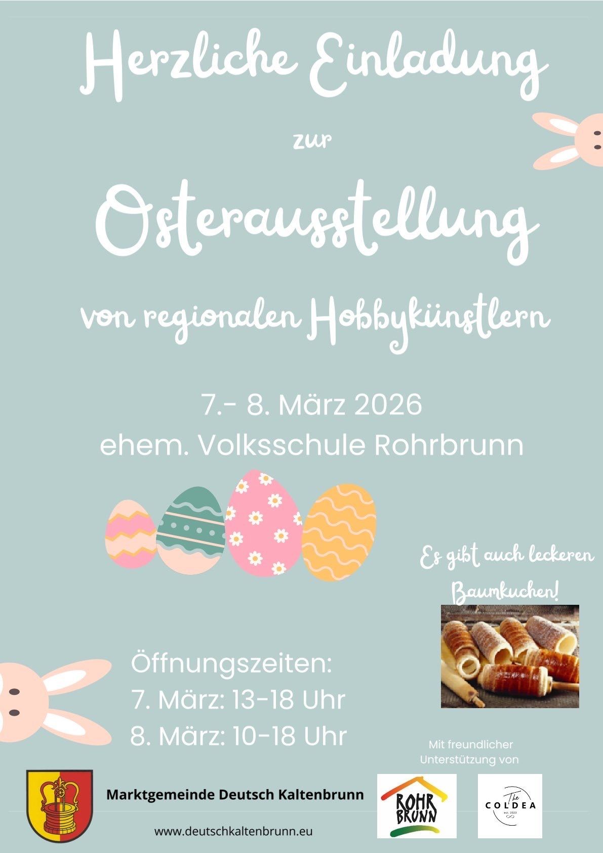 Poster for Easter exhibition by regional hobby artists. Dates: March 7-8, 2026. Former Volksschule Rohrbrunn. Opening times: March 7, 1-6 pm. Includes delicious Baumkuchen.