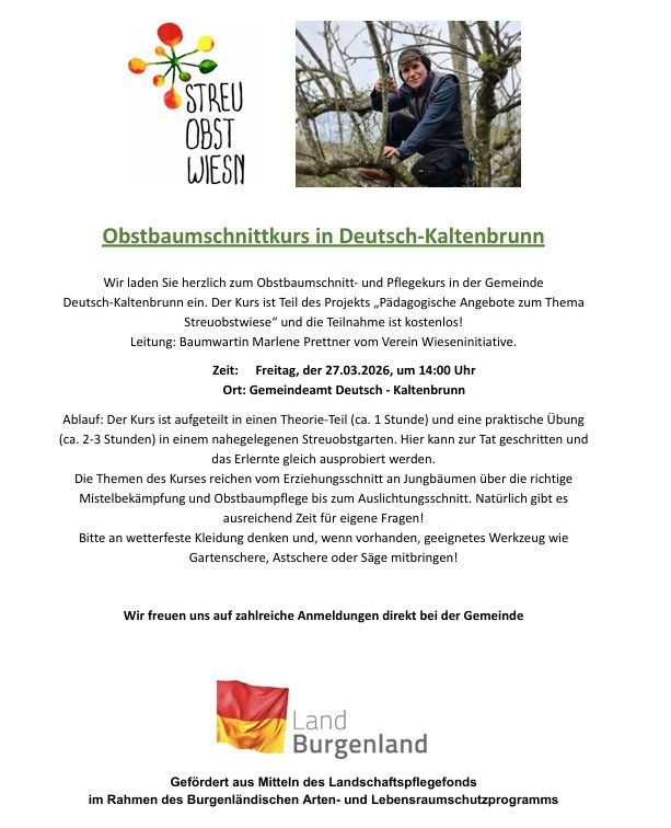 Ein Bild lädt zu einem Obstbaumschnitt- und Pflegekurs in Deutsch-Kaltenbrunn ein. Der Kurs ist Teil des Projekts 'Pädagogische Angebote zum Thema Streuobstwiese' und die Teilnahme ist kostenfrei. Leitung: Baumwartin Marlene Prettner vom Verein Wieseninitiative. Zeit: Freitag, 27.03.2026, 14:00 Uhr. Ort: Gemeindeamt Deutsch-Kaltenbrunn.