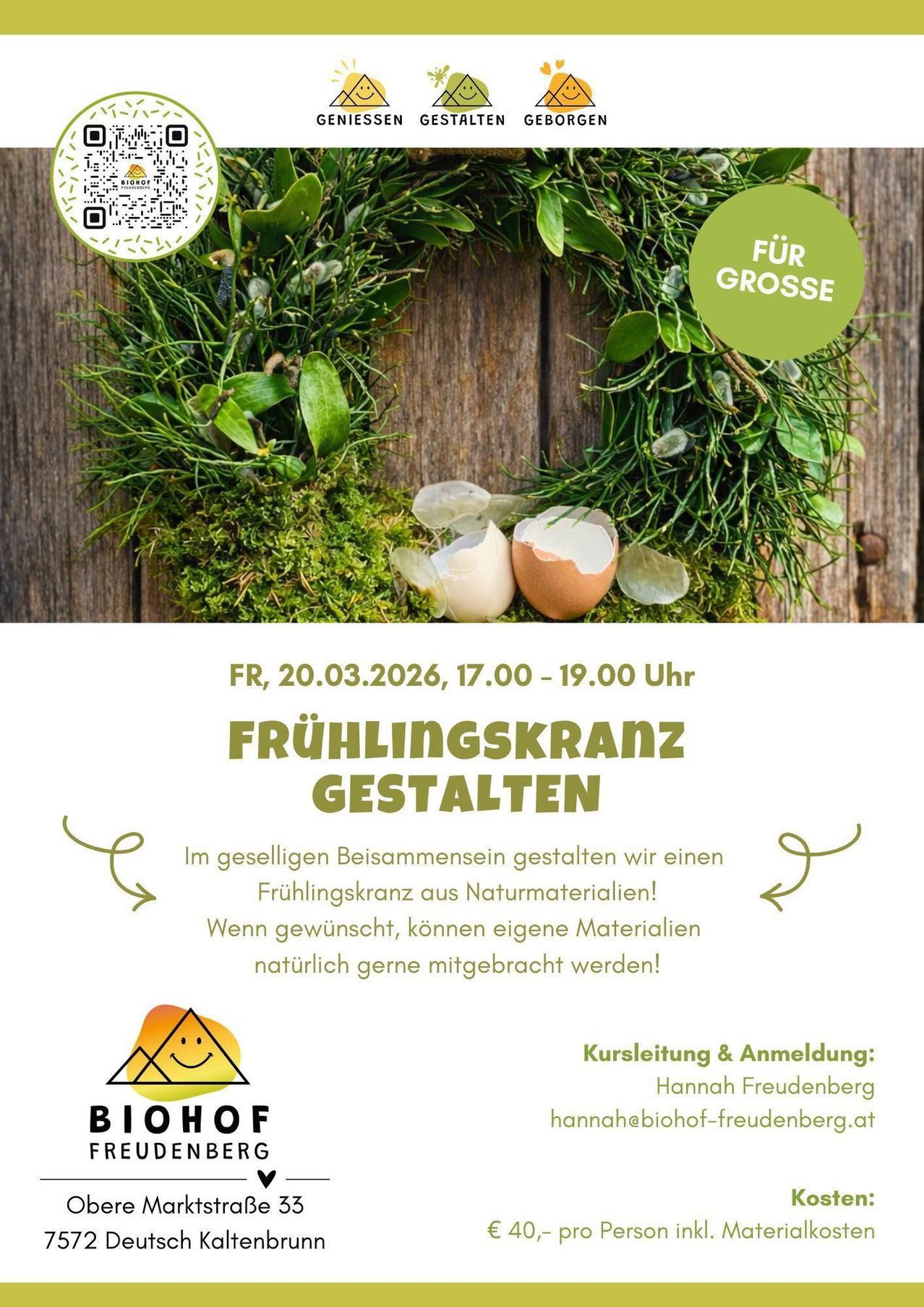 Frühlingskranz-Gestaltungsveranstaltung am 20.03.2026 von 17:00 bis 19:00 Uhr. Gestalten Sie einen Frühlingskranz aus Naturmaterialien. Bringen Sie gerne eigene Materialien mit.