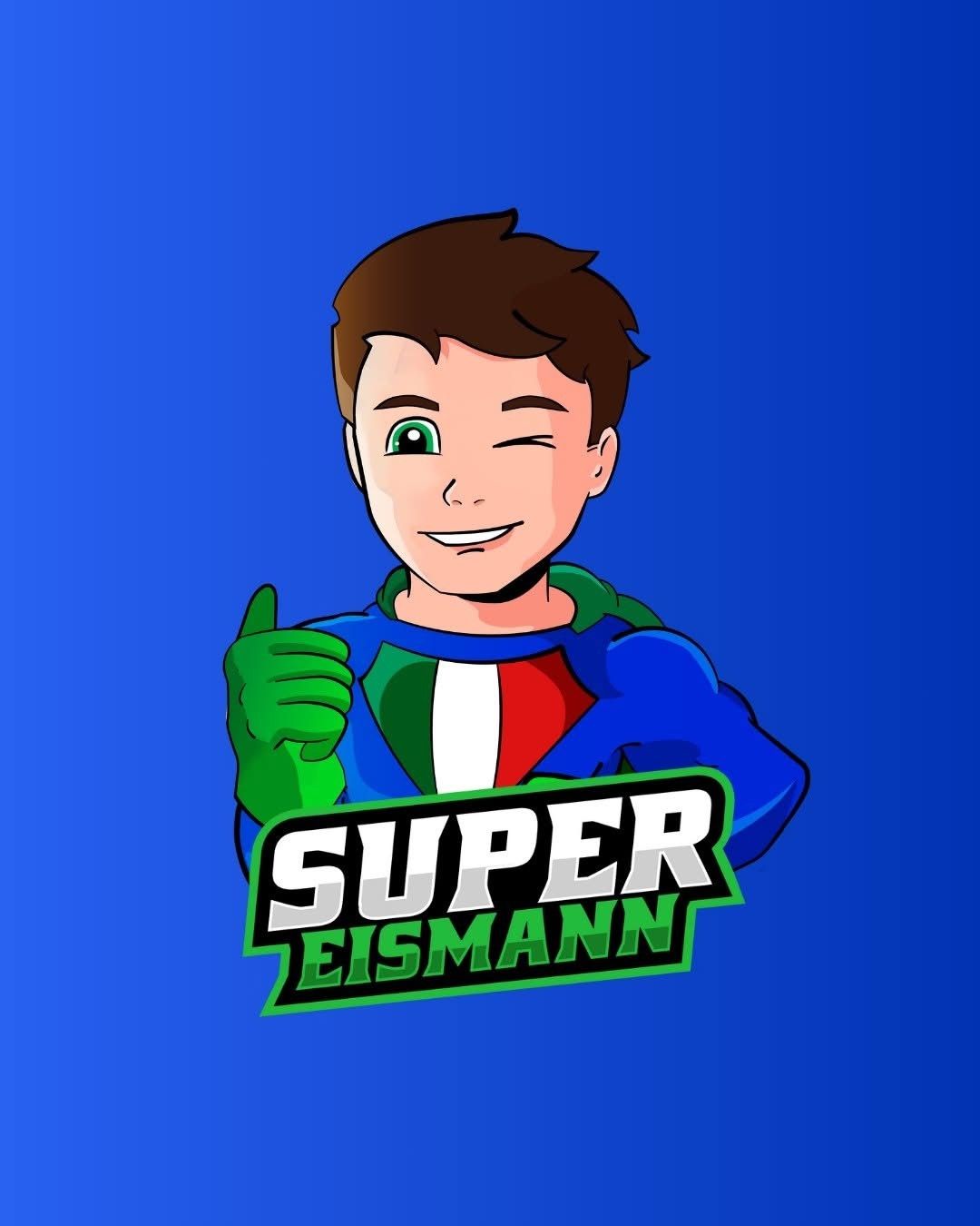 Eine Comicfigur, die als Superheld verkleidet ist, mit dem Text 'SUPER EISMANN' darunter. Er lächelt und gibt einen Daumen hoch.