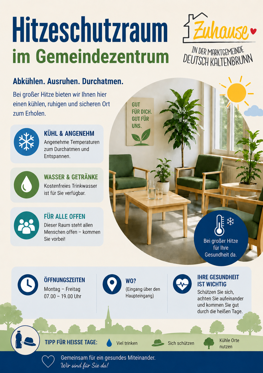 Ein Plakat, das ein Gemeindezentrum in Deutsch Kaltenbrunn bewirbt. Es zeigt einen kühlen, komfortablen Raum mit grünen Stühlen, einem Holztisch und Pflanzen. Das Plakat hebt die Kühldienste des Zentrums, kostenloses Wasser und Öffnungszeiten hervor. Es betont die Bedeutung der Gesundheit bei heißem Wetter.