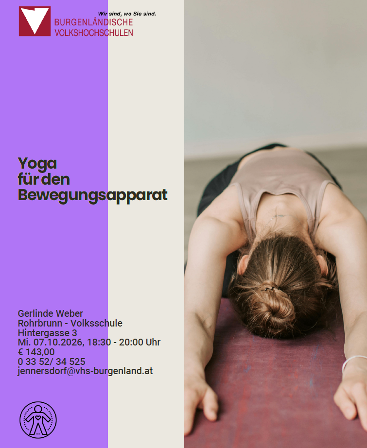 Eine Frau in einer Yoga-Pose auf einer Matte, mit Text auf der linken Seite des Bildes, der Yoga für den Bewegungsapparat bewirbt.
