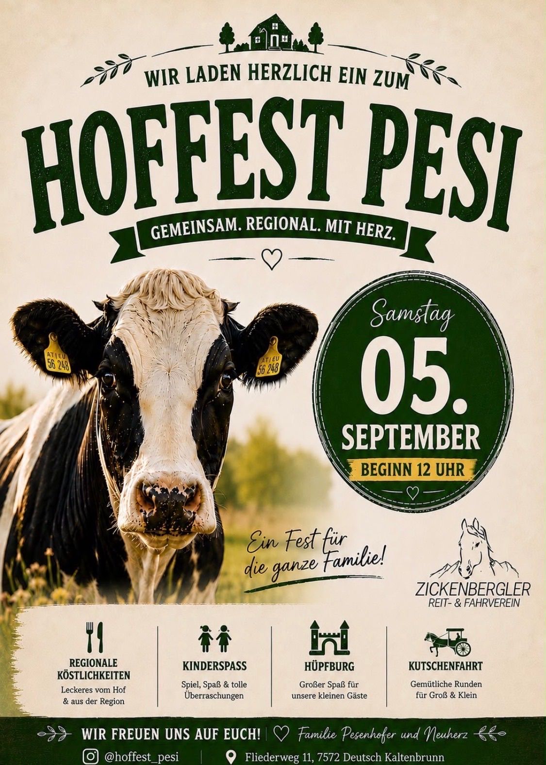 Poster for Hoffest Pesi featuring a cow with yellow tags, a green circle with the date and time, and a horse icon. The event is family-friendly and starts at 12 PM.