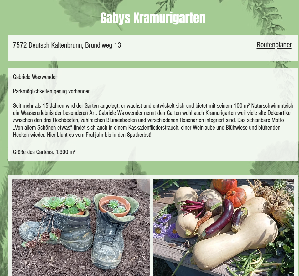 Gabriele Waxwenders Kramurigarten in Deutsch Kaltenbrunn besteht seit über 15 Jahren und umfasst 100 m². Der Garten bietet eine Vielzahl von Pflanzen und Dekorationselementen. Er ist leicht zugänglich und verfügt über ausreichend Parkplätze. Größe: 1300 m², geöffnet von Frühling bis Herbst.