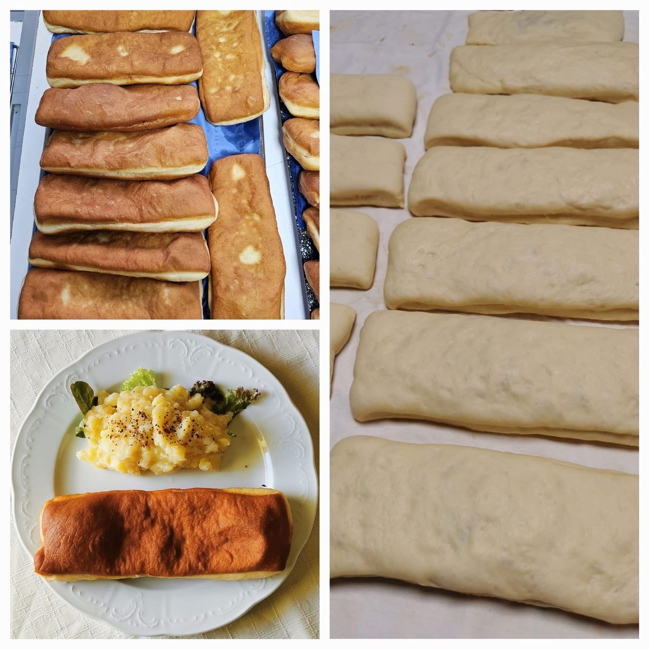 Eine Collage von Bildern, die verschiedene Stadien der Brotzubereitung zeigt. Ein Bild zeigt einen Stapel getoasteter Brotscheiben. Ein anderes Bild zeigt Teig auf einem Backblech. Das dritte Bild zeigt einen Teller mit einem Sandwich und Kartoffelpüree. Das letzte Bild zeigt Teig auf einem Backblech.