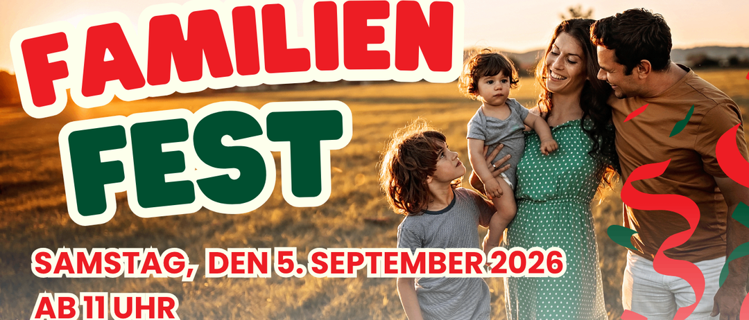 Plakat für ein Gemeinschaftsfest am Samstag, 5. September 2026, mit Aktivitäten wie Gesichtsbemalung, Hüpfburg und Dartspiel. Die Veranstaltung findet in der Naturfreundehütte Neudorf statt.