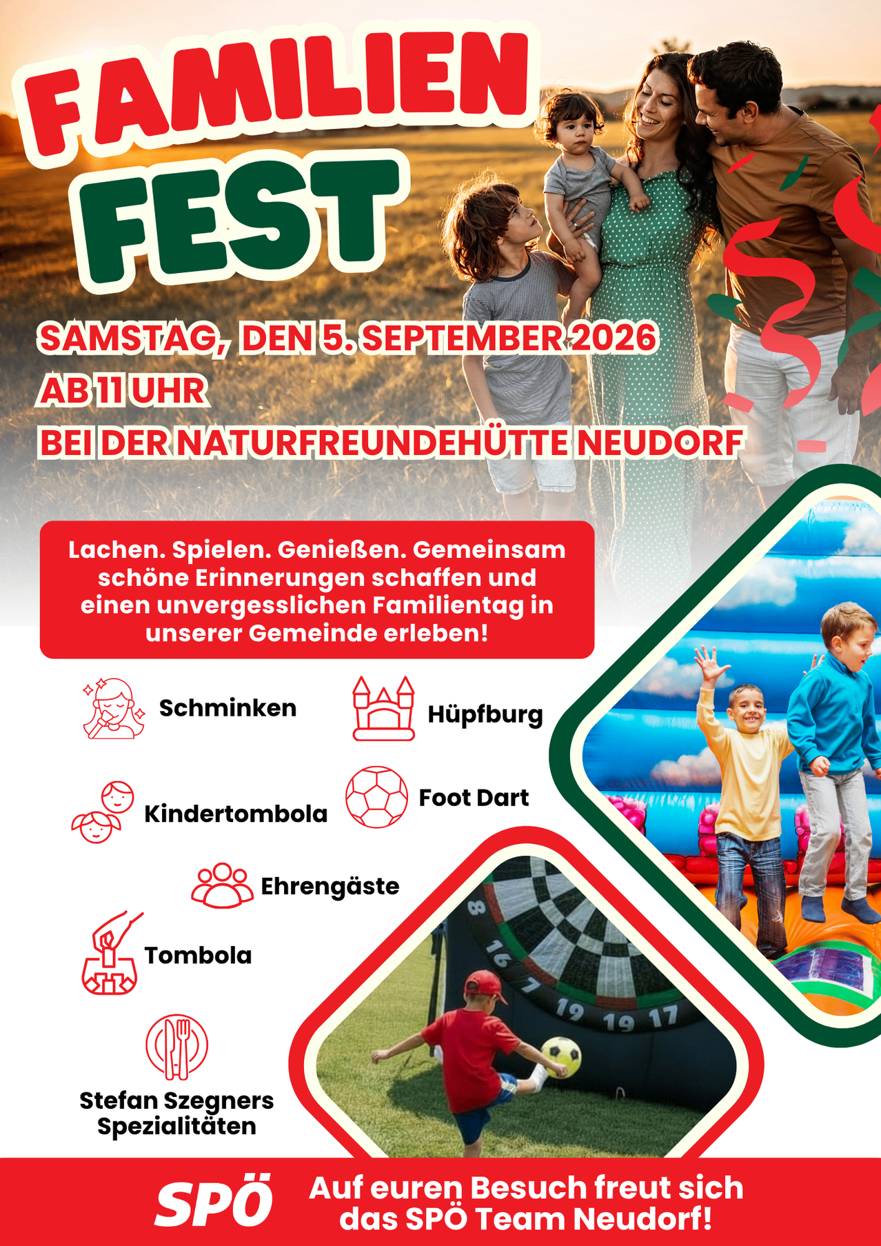 Plakat für eine Familienveranstaltung in der Naturfreundehutte Neudorf am 5. September 2026 mit Aktivitäten wie Gesichtsbemalung, Spielen und einem Hüpfburg.