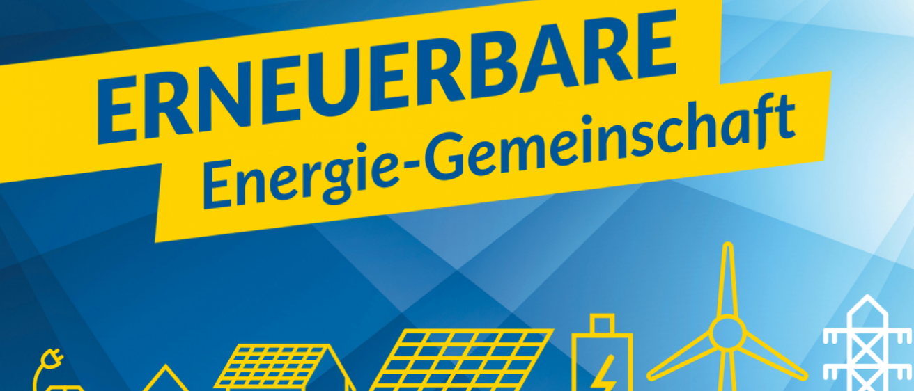 Eine Werbung für eine Energie-Gemeinschaft, die eine Haus mit Solarpanelen und einem Batteriespeichersystem zeigt.
