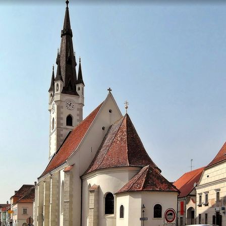 Eine historische Kirche mit einem Turm und einem Uhrturm unter einem klaren Himmel, umgeben von Gebäuden mit roten Dächern.