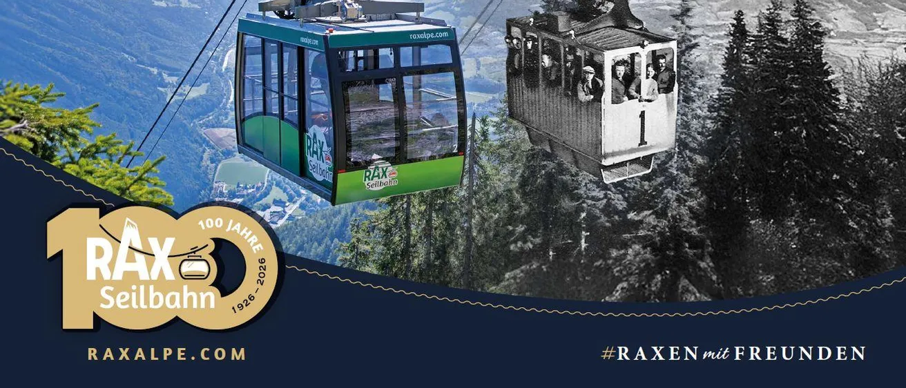 Eine Werbeanzeige für eine historische und moderne Seilbahnreise mit einer malerischen Aussicht auf Berge und Wälder. Das Bild ist eine Collage mit einem 100-Jahre-Jubiläumsdesign.