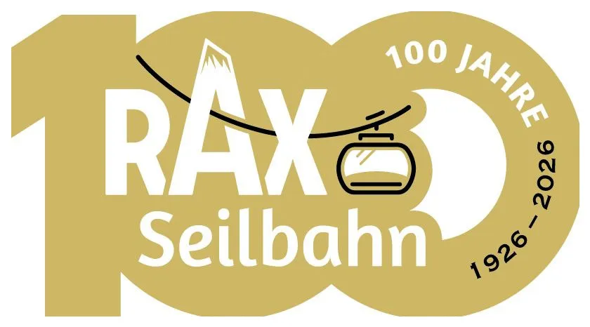 Logo zum 100-jährigen Jubiläum der R.A.X. Seilbahn, von 1926 bis 2026. Das Logo zeigt eine stilisierte Seilbahn in der Mitte.