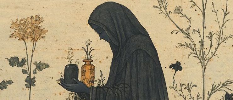 Eine einsame Gestalt in Schwarz steht inmitten von Wildblumen und hält zwei Vasen mit gelben Blumen. Die Umgebung ist ruhig und nachdenklich.