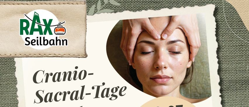 Plakat für Cranio-Sacral-Tage im Ottohaus, zeigt eine Frau bei einer Behandlung. Termine sind 29.07., 21.08. und 14.09. 2025. Details zu Wanderungen, Behandlungen und Kosten sind angegeben.