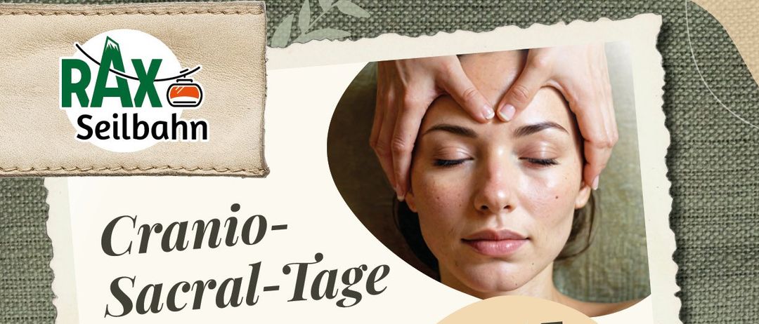 Plakat für Cranio-Sacral-Tage im Ottohaus, zeigt eine Frau bei einer Behandlung, Termine 29.07. 21.08. 14.09. 2025, beinhaltet Wander- und Behandlungsdetails, Kosten 60€.