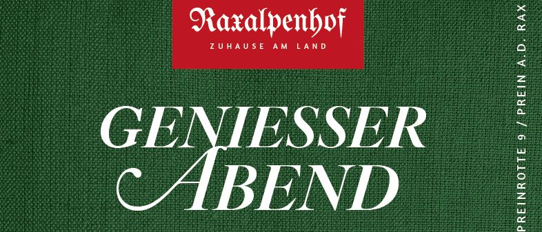 Ein Plakat für den Geniesser Abend am 8. November 2025 von 18 bis 21 Uhr. Zeigt einen Mann, ein Buffetmenü und eine Berglandschaft.