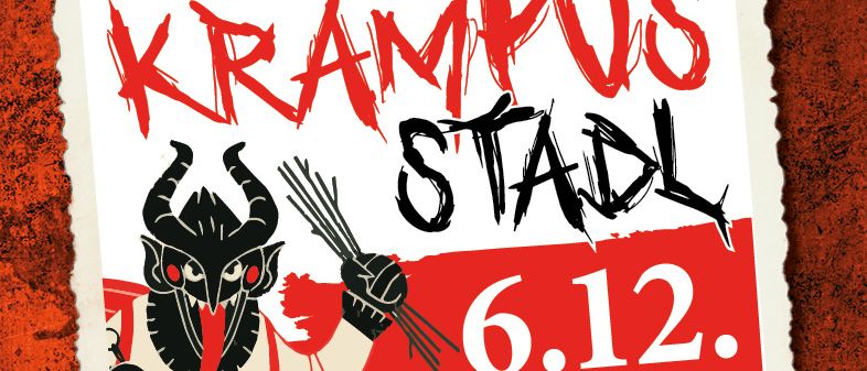 Plakat für die Krampus Stal-Veranstaltung am 6. Dezember. Es zeigt eine Krampus-Illustration, Datum, DJs und Veranstaltungsdetails.