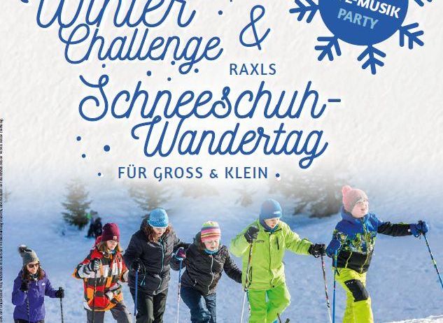 Plakat für die 7. RAXS Winter Challenge & Schneeschuhwanderung am 17. Januar 2026 mit Kindern in Winterausrüstung, die Skier halten und Skistöcke benutzen.