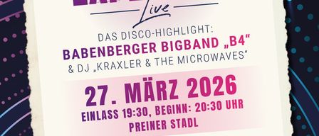 Plakat für 'Dancefloor Explosion Live' mit Babenberger Bigband B4 und DJ Kraxler. Veranstaltung am 27. März 2026. Beginn 20:30, Einlass 19:30. Ticketpreise: VVK 25, AK 29, unter 18 15, AK 19. Tickets im Resort-Büro erhältlich.