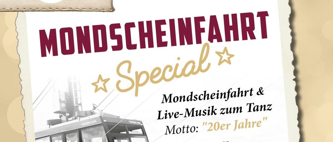 Werbeanzeige für eine spezielle Mondscheinfahrt und Live-Musik-Event am 31.07.2026. Enthält ein Foto von drei Personen. Details umfassen Tickets, Pakete und eine Dinner-Option.