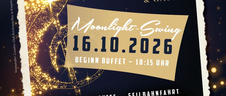 Ein Plakat für die Moonlight Swing Veranstaltung mit den größten Hits der letzten 100 Jahre. Die Musik wird von B4 Babenberger Bigband Mödling & Gästen gespielt. Das Event findet am 16. Oktober 2026 ab 18:15 Uhr statt. Tickets sind im Raxalpen Resort Office erhältlich.