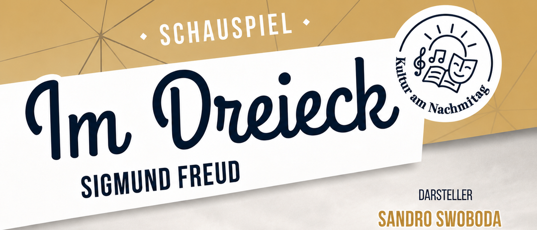 Plakat für ein Schauspiel 'Schauspiel Sigmund Freud' mit Bergkulisse. Es zeigt die Schauspieler Sandro Sweige und Sandra Schnoda.