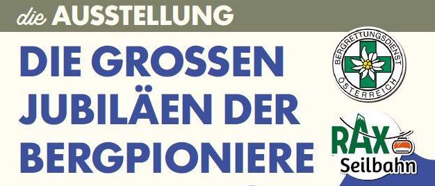 Plakat für die Jubiläumsfeier des Bergrettungsdienstes in Österreich mit einem Bild eines Bergretters und Datumsangaben für die Veranstaltung.