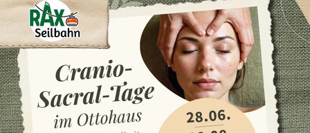 Plakat für Cranio-Sacral-Tage im Ottohaus, mit Terminen und einem Haus. Der Text betont mentale Gesundheit, Stressreduktion und Entspannung mit Dr. Heide Steigenberger.