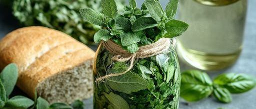 A jar filled with green herbs, tied with a string, sits among sliced bread, basil leaves, and a bottle of oil on a gray surface.