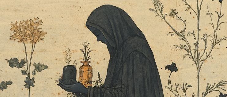 A person in a black robe holding a vase and a jar stands in a field of yellow flowers. The sky is clear and blue.