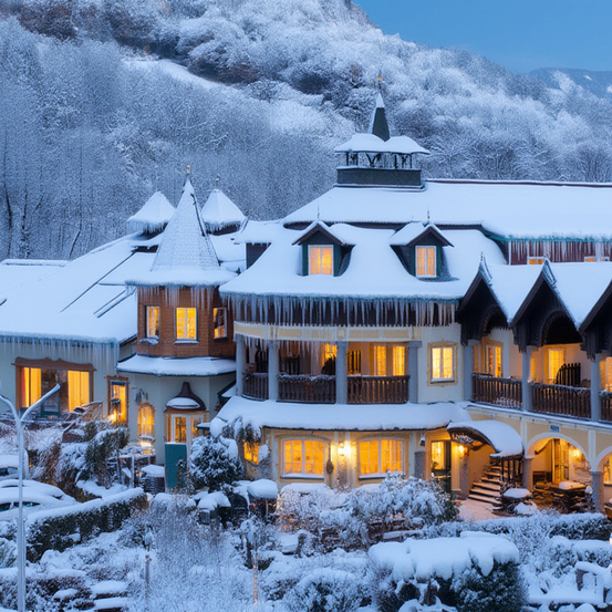 Ein großes schneebedecktes Chalet mit mehreren Fenstern und einem kleinen Garten davor. Es hat Eiszapfen, die vom Dach hängen, und ist von schneebedeckten Bäumen und Büschen umgeben. Das Haus wird vom Licht der Fenster beleuchtet. In der Ferne befindet sich ein schneebedeckter Berg.