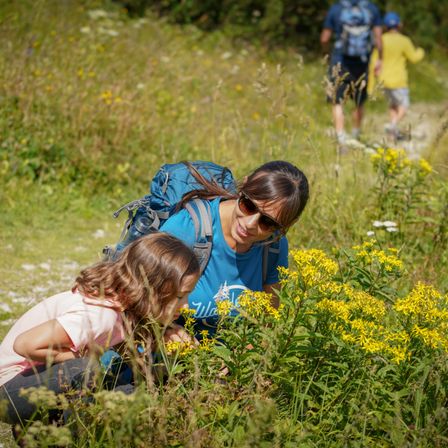 Eine Frau mit Rucksack und Sonnenbrille kniet mit einem kleinen Mädchen nieder, um gelbe Blumen in einem Feld zu beobachten, während zwei Personen im Hintergrund gehen.
