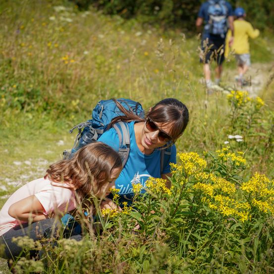 Eine Frau mit Rucksack und Sonnenbrille kniet mit einem kleinen Mädchen nieder, um gelbe Blumen in einem Feld zu beobachten, während zwei Personen im Hintergrund gehen.