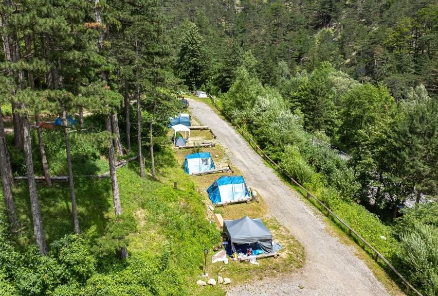 Eine Luftaufnahme eines Waldcampingplatzes mit mehreren aufgestellten Zelten auf einem Kiesweg, umgeben von üppiger Grünfläche.