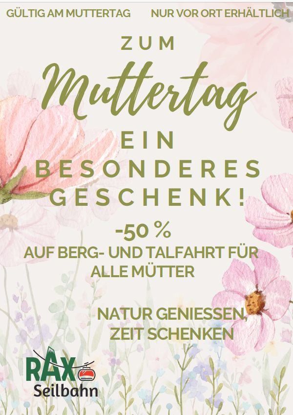 Ein besonderes Geschenk zum Muttertag! -50% Rabatt auf Berg- und Talfahrt für alle Mütter. Genießen Sie die Natur, schenken Sie Zeit.