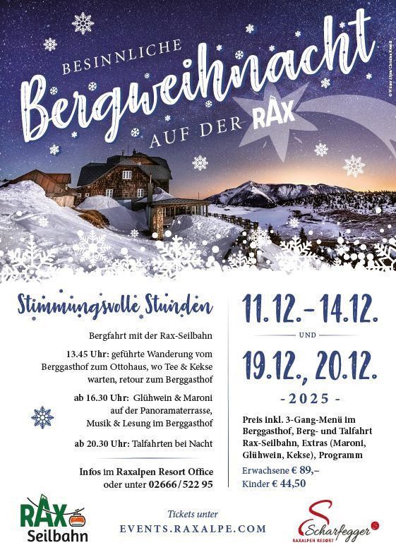 Ein Plakat für ein besonderes Weihnachtserlebnis in den Bergen. Es zeigt eine verschneite Landschaft mit einer Hütte. Die Veranstaltung umfasst geführte Wanderungen, Tee und Kekse, Glühwein, Musik und Schlittenfahrten. Der Preis beinhaltet ein 3-Gänge-Menü, Transport, Extras und ein Programm. Es findet vom 11. bis 14. und 19. bis 20. Dezember statt.