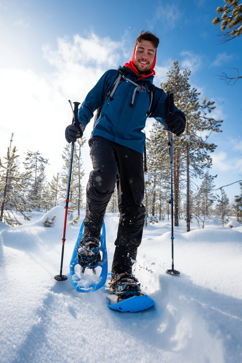 Eine Person in einem blauen Mantel und schwarzen Hosen schneeschuhwandert im Schnee. Die Person trägt einen Rucksack und hält zwei Schneeschuhstöcke.