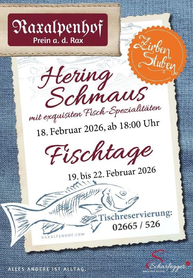 Plakat für ein Fischereiereignis 'Hering Schmaus' mit einem Fischzeichnung, Daten und Reservierungsinformationen.