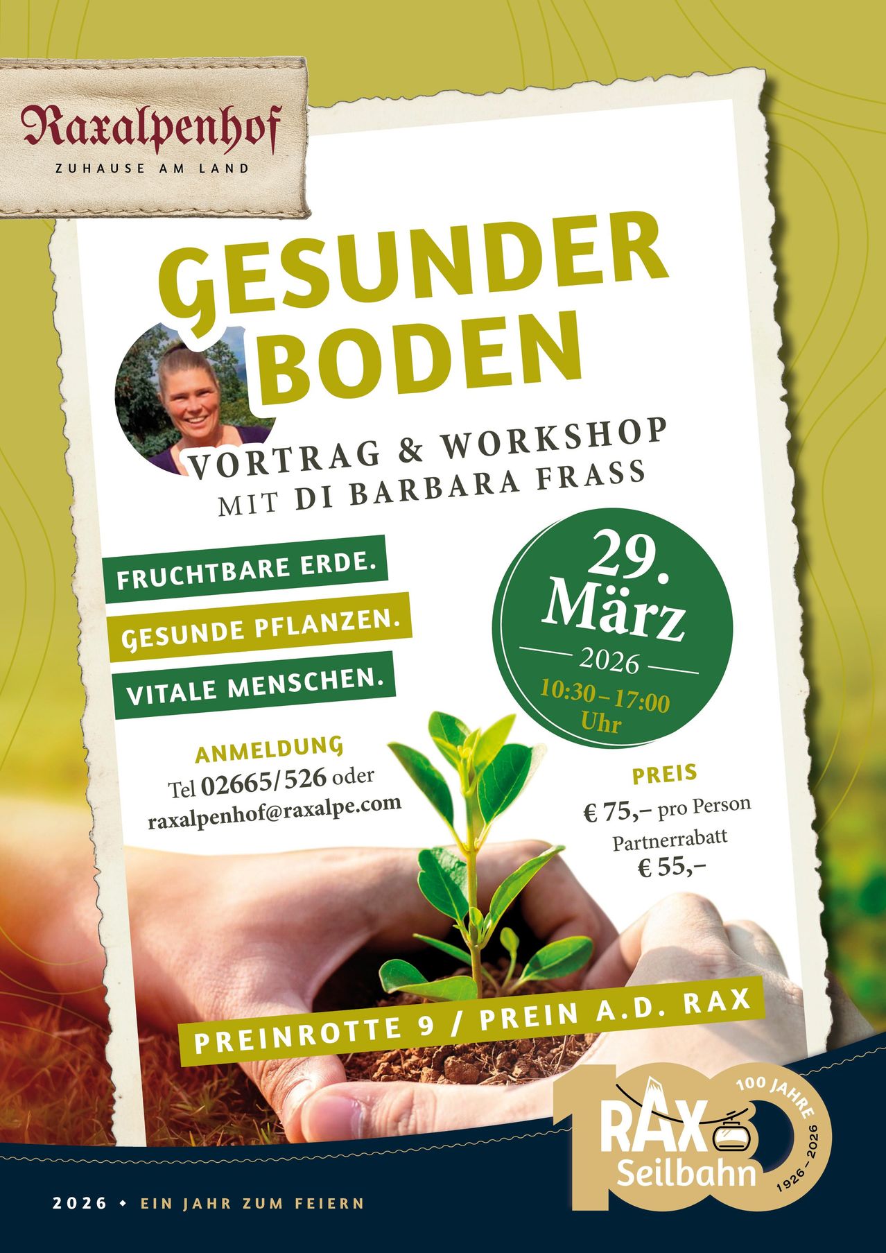 Plakat für einen Workshop über gesunden Boden am 29. März 2026 von Barbara Frass. Zeigt eine lächelnde Frau und eine Pflanze. Veranstaltungsdetails umfassen Zeit, Ort und Preise.