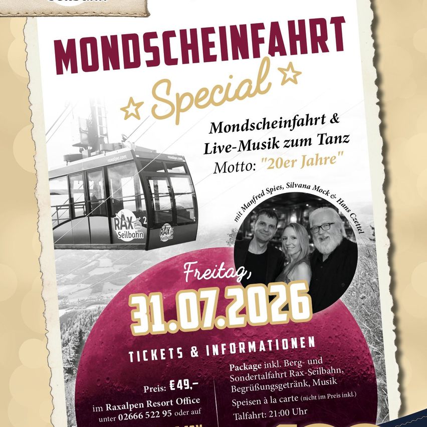 Poster for a special moonlit gondola ride event on July 31, 2026, featuring live music and a photo of three people. The event is celebrating 20 years.