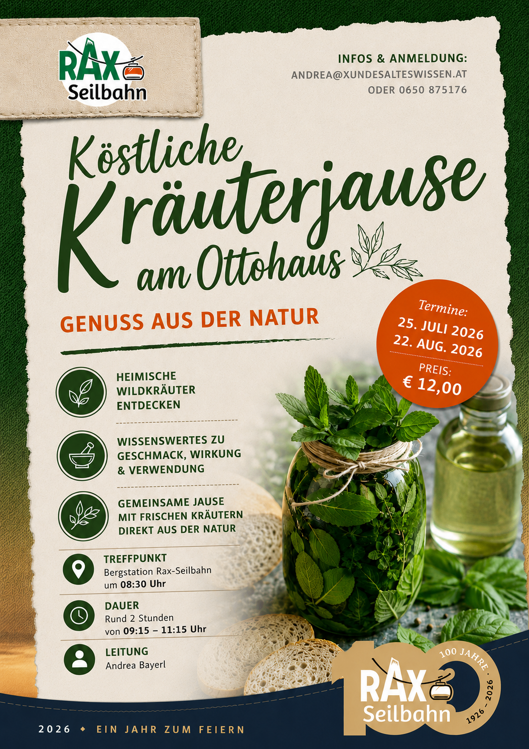 An advertisement for a herbal workshop at Ottohaus on July 25 and August 22, 2026. It features a jar of herbs, a bottle of oil, and a slice of bread.