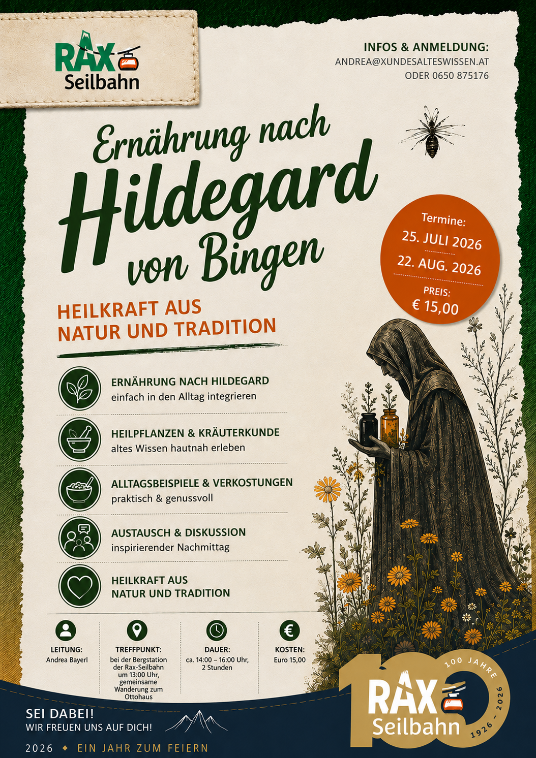 Poster for Hildegard von Bingen event. It features a woman holding a jar, surrounded by flowers and herbs. The poster includes details about the event, such as dates, price, and activities.