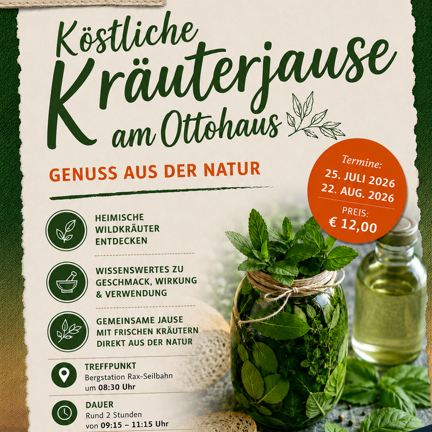 Plakat für einen Kräuterworkshop im Ottohaus. Es zeigt ein Glas mit Kräutern, eine Flasche Öl und ein Stück Brot. Die Veranstaltung ist für den 25. Juli und 22. August 2026 geplant, mit einem Preis von 12 Euro.