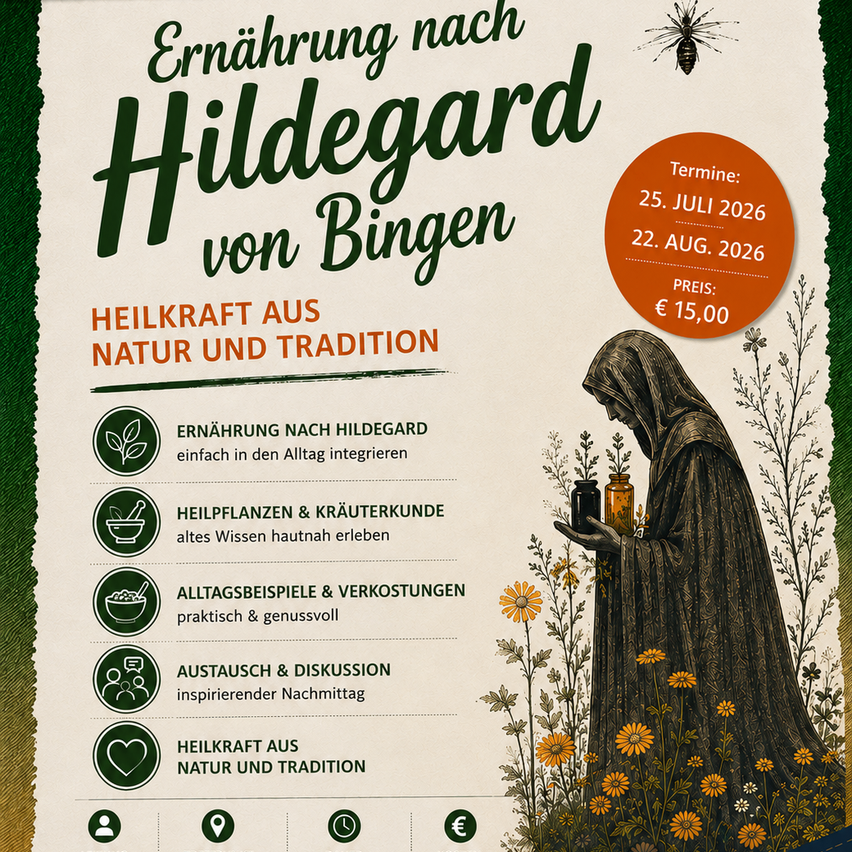 Plakat für einen Workshop über Hildegard von Bingens Heilpraktiken. Zeigt eine Frau mit Kräutern, Terminen und Preis.