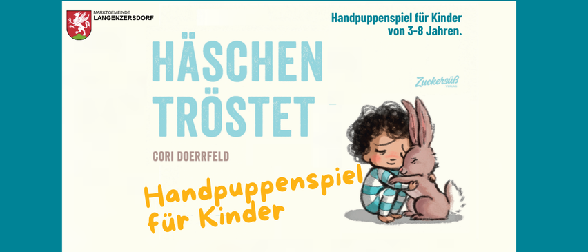 Plakat für das Handpuppenspiel 'Haeschen Troestet' für Kinder von 3-8 Jahren. Illustration eines Kindes, das einen Hasen umarmt.