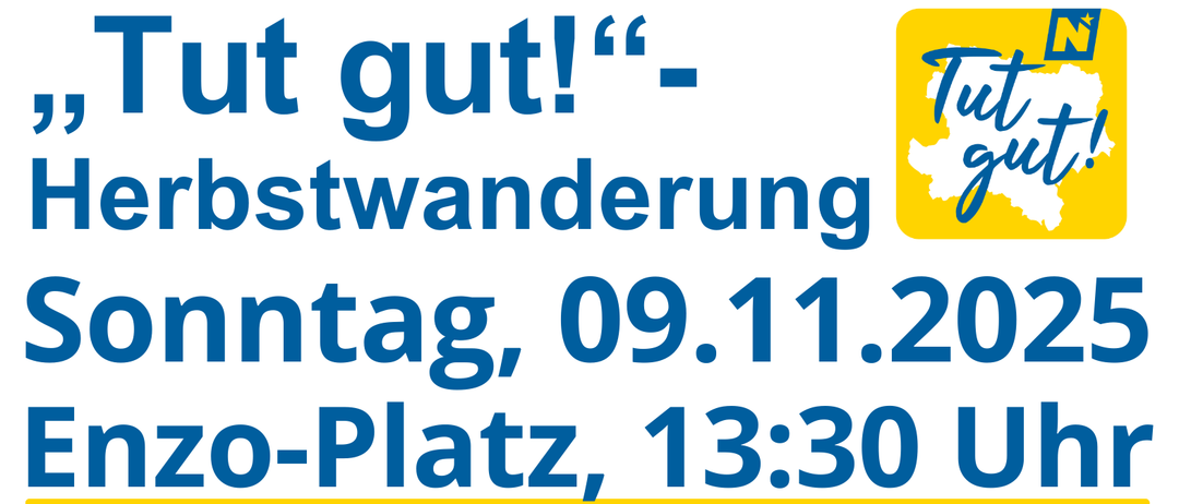 Plakat für eine Wanderung am Sonntag, 9. November 2025, um 13:30 Uhr am Enzo-Platz. Die Route ist etwa 7 km lang und beinhaltet eine Karte. Ein Schuh und ein Wanderabzeichen sind ebenfalls abgebildet.