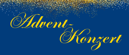 Ein blaues Banner bewirbt 'Advent-Konzerte' mit goldenen Glitzer und Text, der 'musikschule Langenzersdorf' lautet. Der Hintergrund ist blau mit goldenen Sternen und Funkeln.